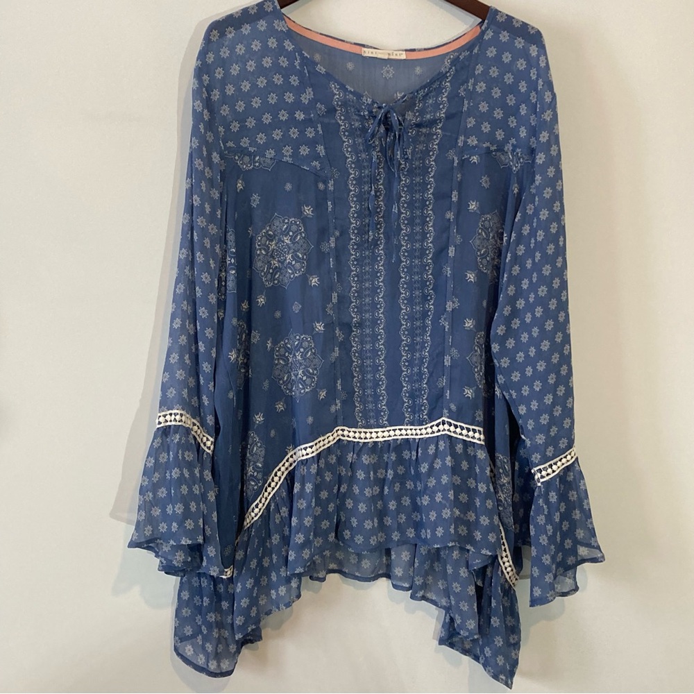 Hint of Mint Blue Patterned Tunic Peasant Boho Sheer Top Blouse Plus Size 26/28